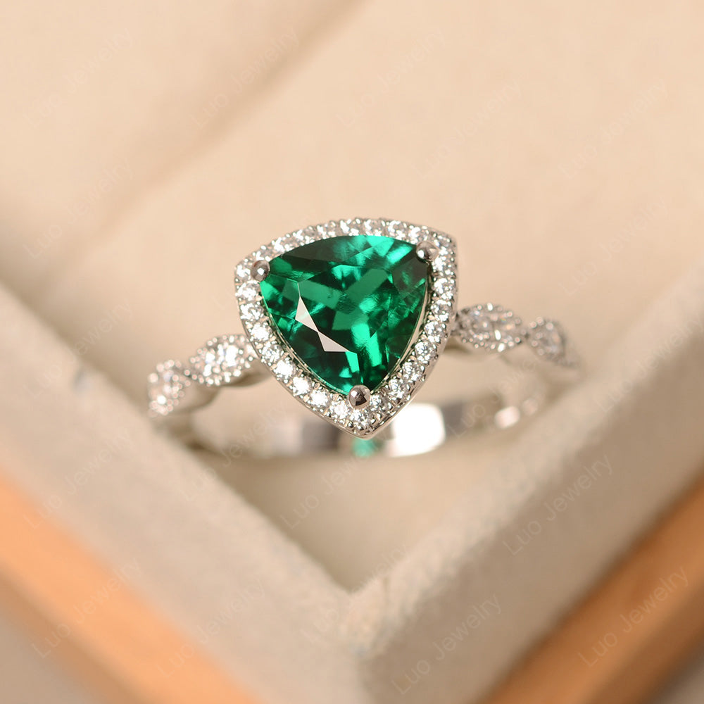 Trillion Cut Lab Emerald Cocktail Halo Ring - LUO Jewelry