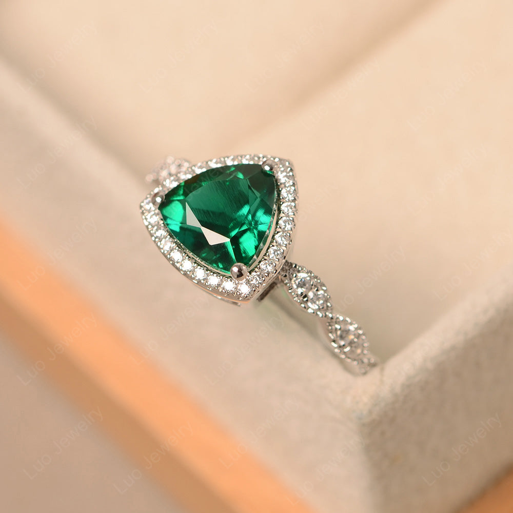 Trillion Cut Lab Emerald Cocktail Halo Ring - LUO Jewelry