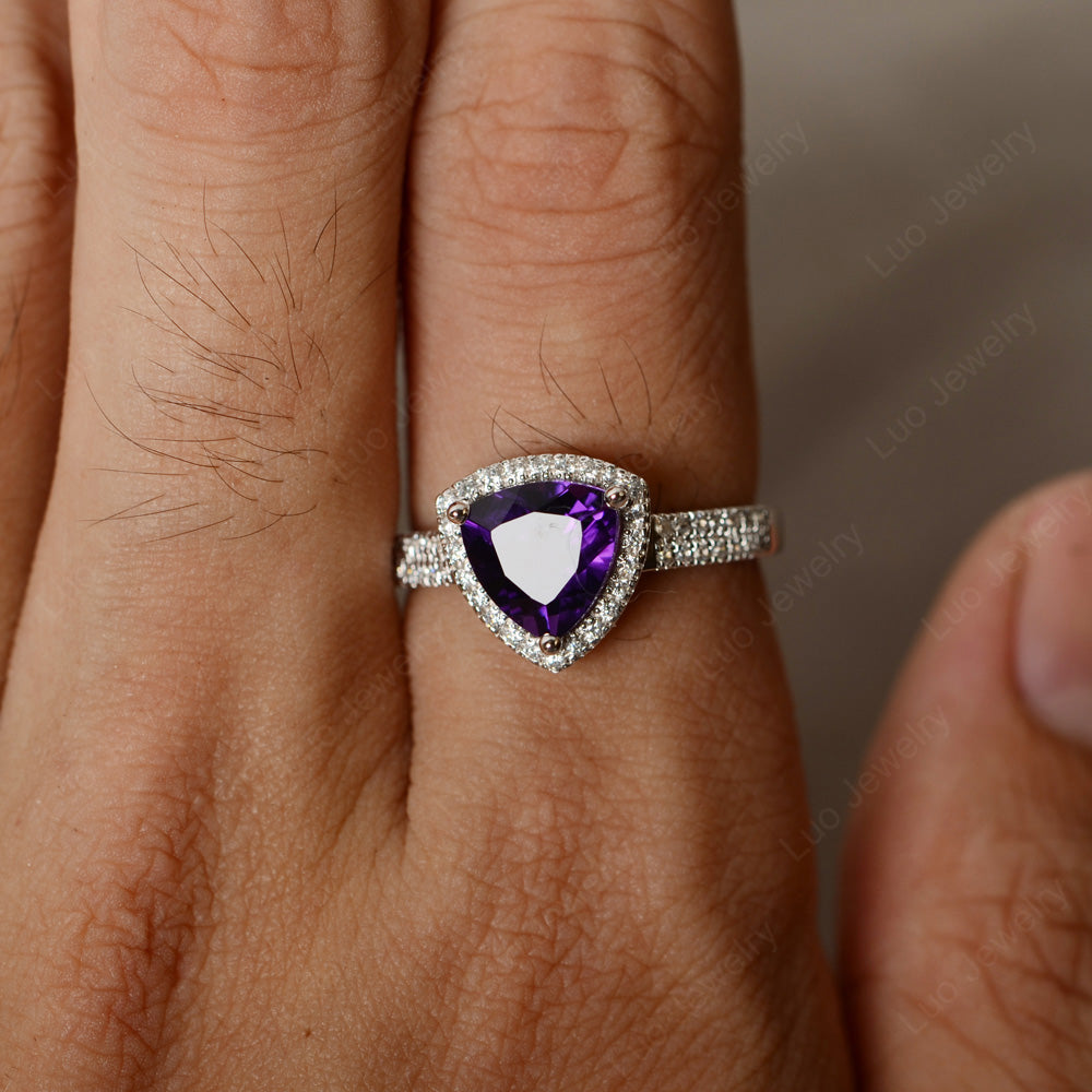 Trillion Cut Amethyst Halo Engagement Ring - LUO Jewelry