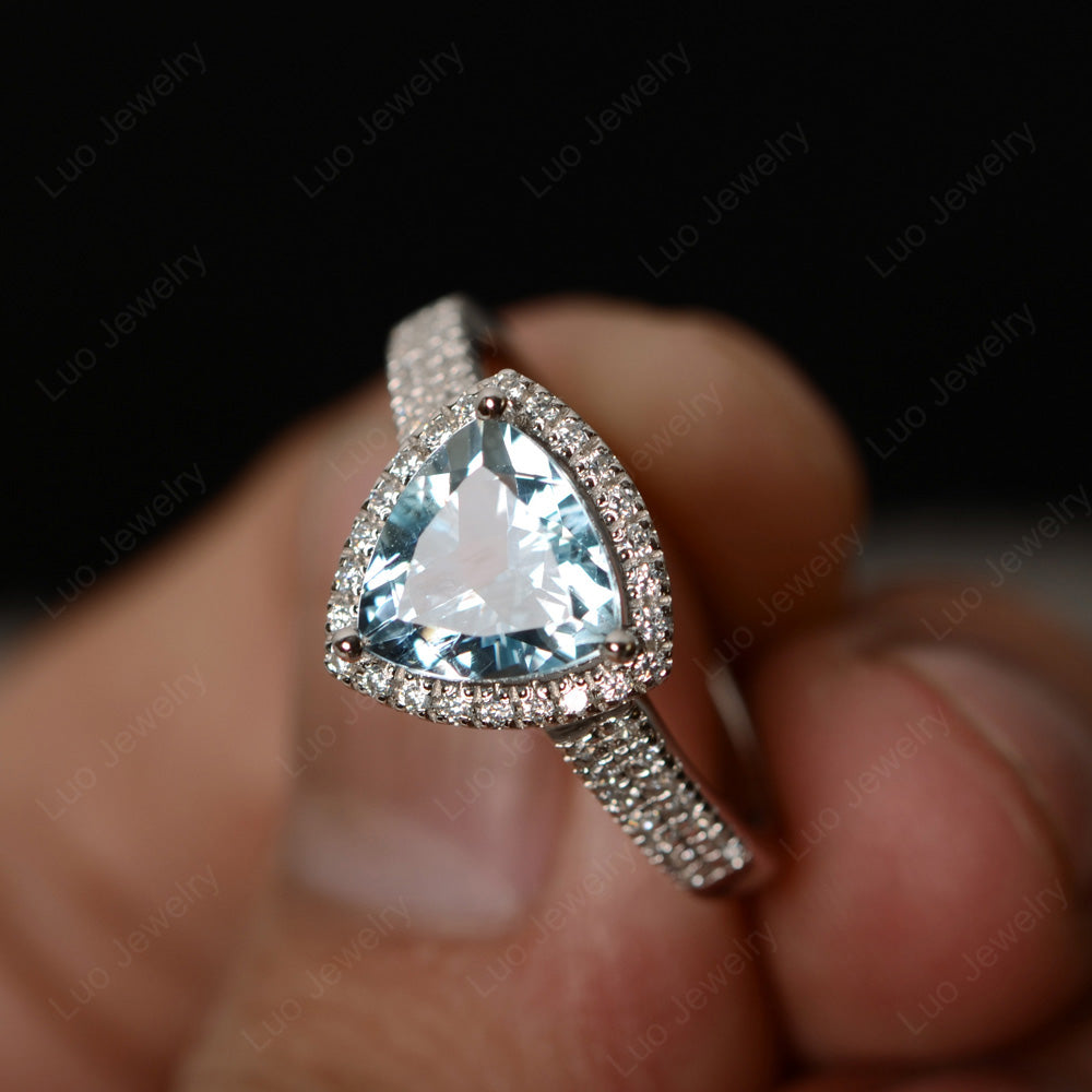 Trillion Cut Aquamarine Halo Engagement Ring - LUO Jewelry