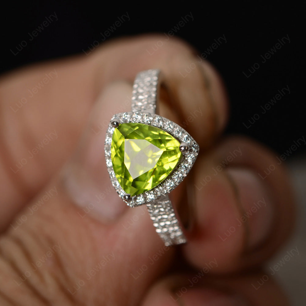 Trillion Cut Peridot Halo Engagement Ring - LUO Jewelry