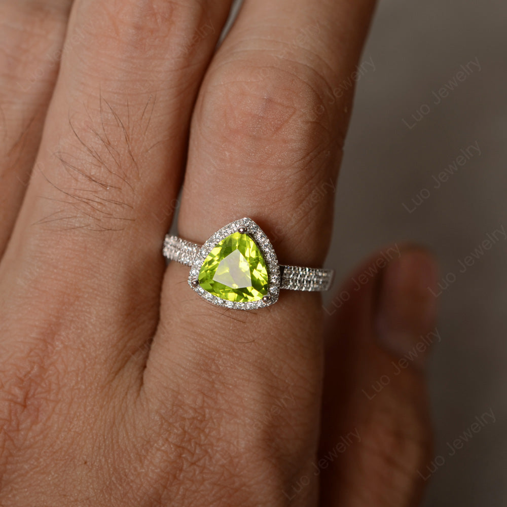 Trillion Cut Peridot Halo Engagement Ring - LUO Jewelry