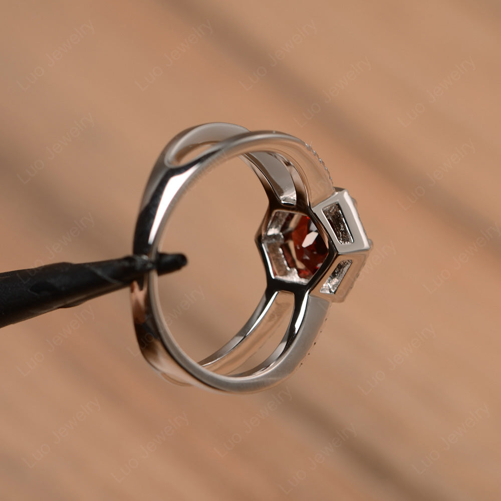 Hexagon Garnet Halo Ring With Split Shank - LUO Jewelry