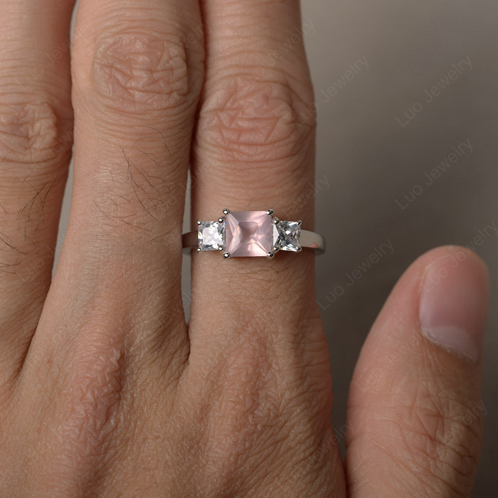 3 Stone Rose Quartz Princess Cut Rose Quartz Ring Silver - LUO Jewelry