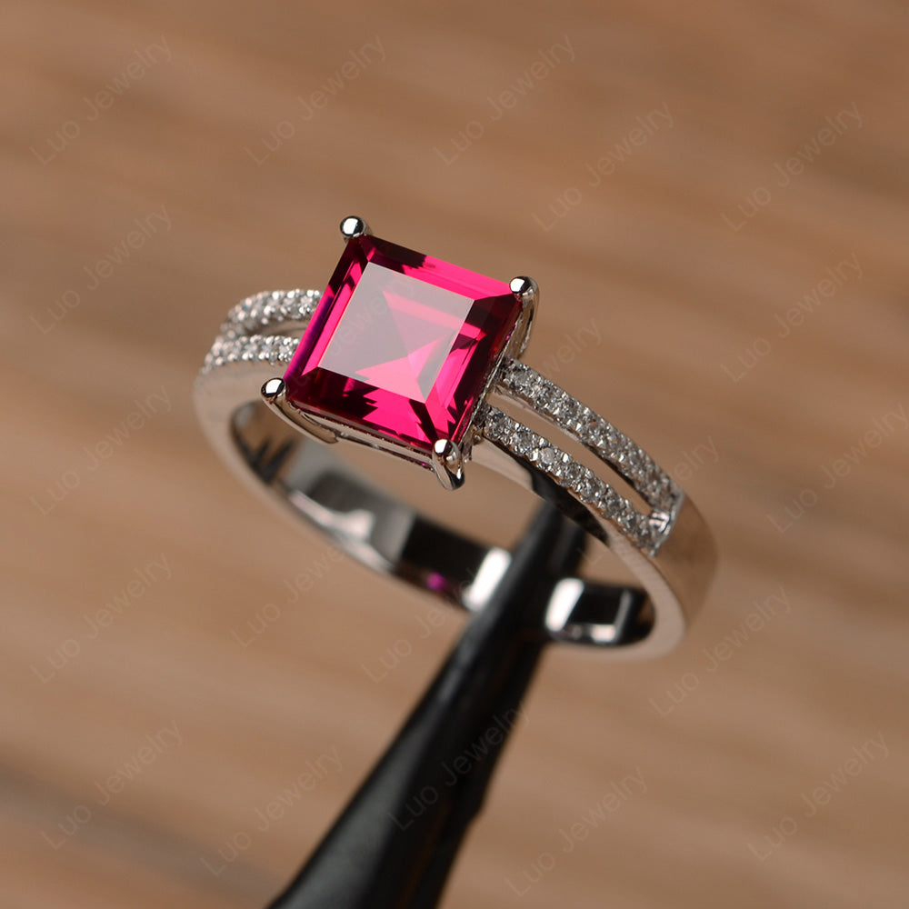 Double Band Square Cut Ruby Ring Silver - LUO Jewelry