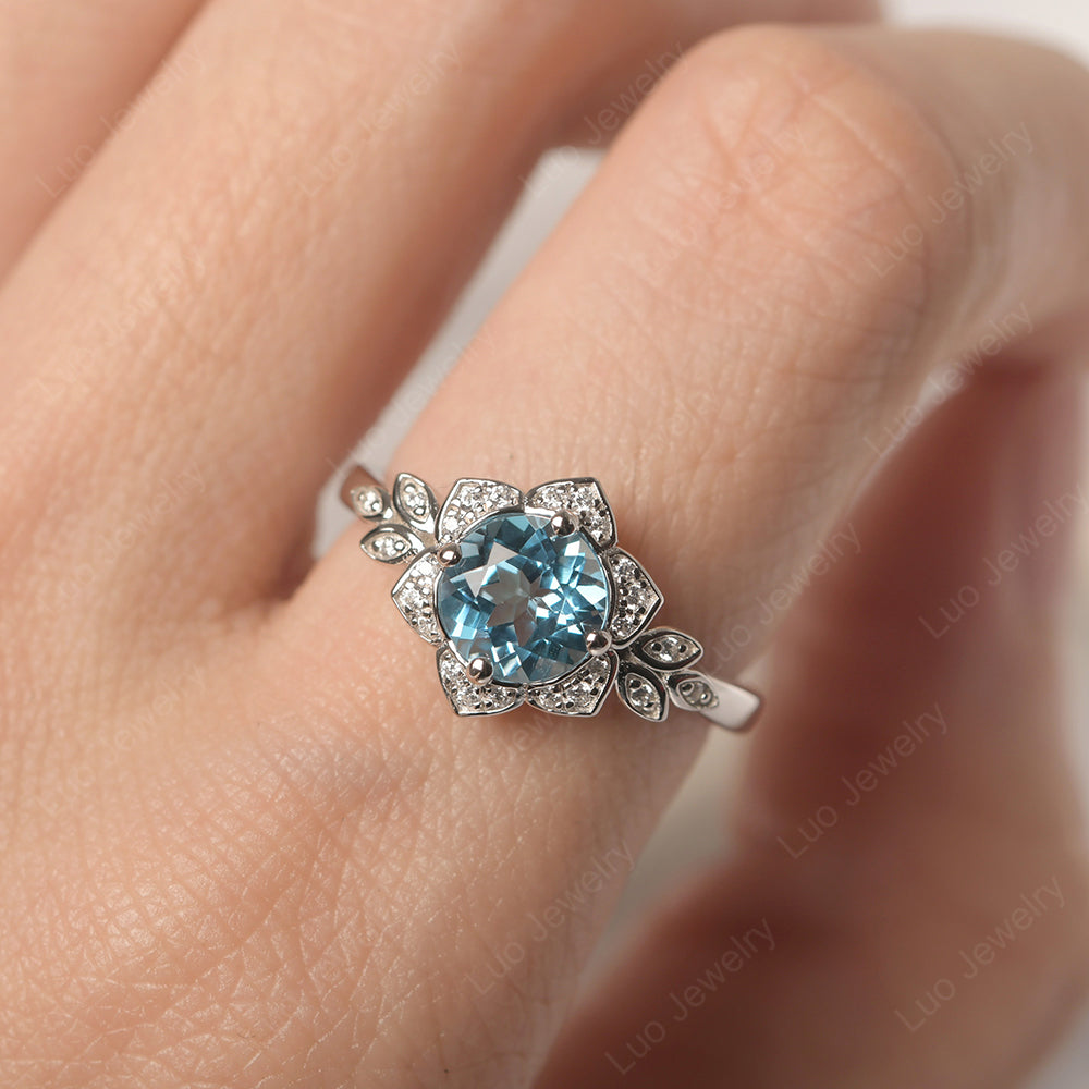 Round Cut Swiss Blue Topaz Flower Ring Yellow Gold - LUO Jewelry