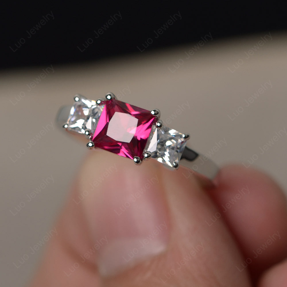 3 Stone Ruby Princess Cut Ruby Ring Silver - LUO Jewelry