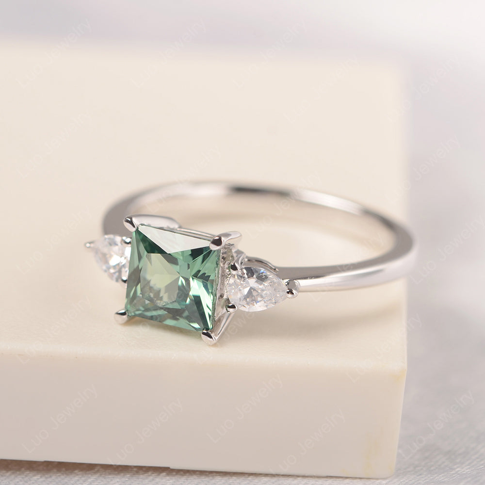 Princess Cut Green Sapphire Ring With Pear Side Stone - LUO Jewelry