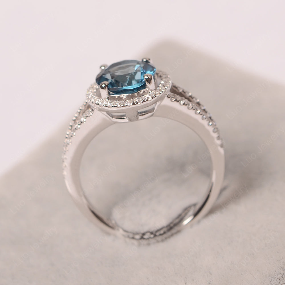 Round London Blue Topaz Halo Split Shank Engagement Ring - LUO Jewelry