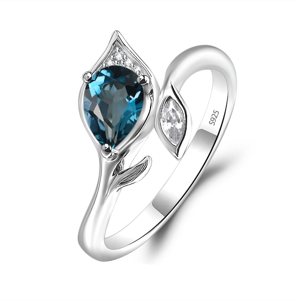 Pear Shaped London Blue Topaz Leaf Engagement Ring - LUO Jewelry