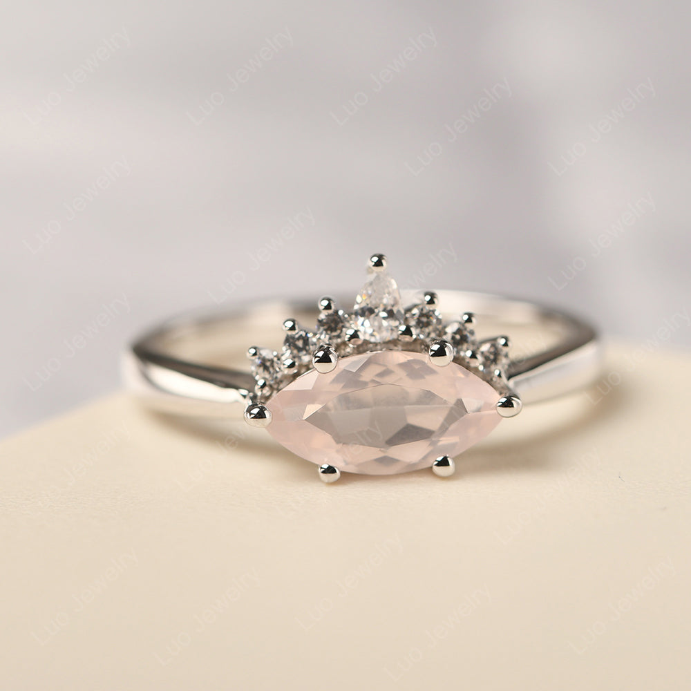 Horizontal Marquise Rose Quartz Ring White Gold - LUO Jewelry