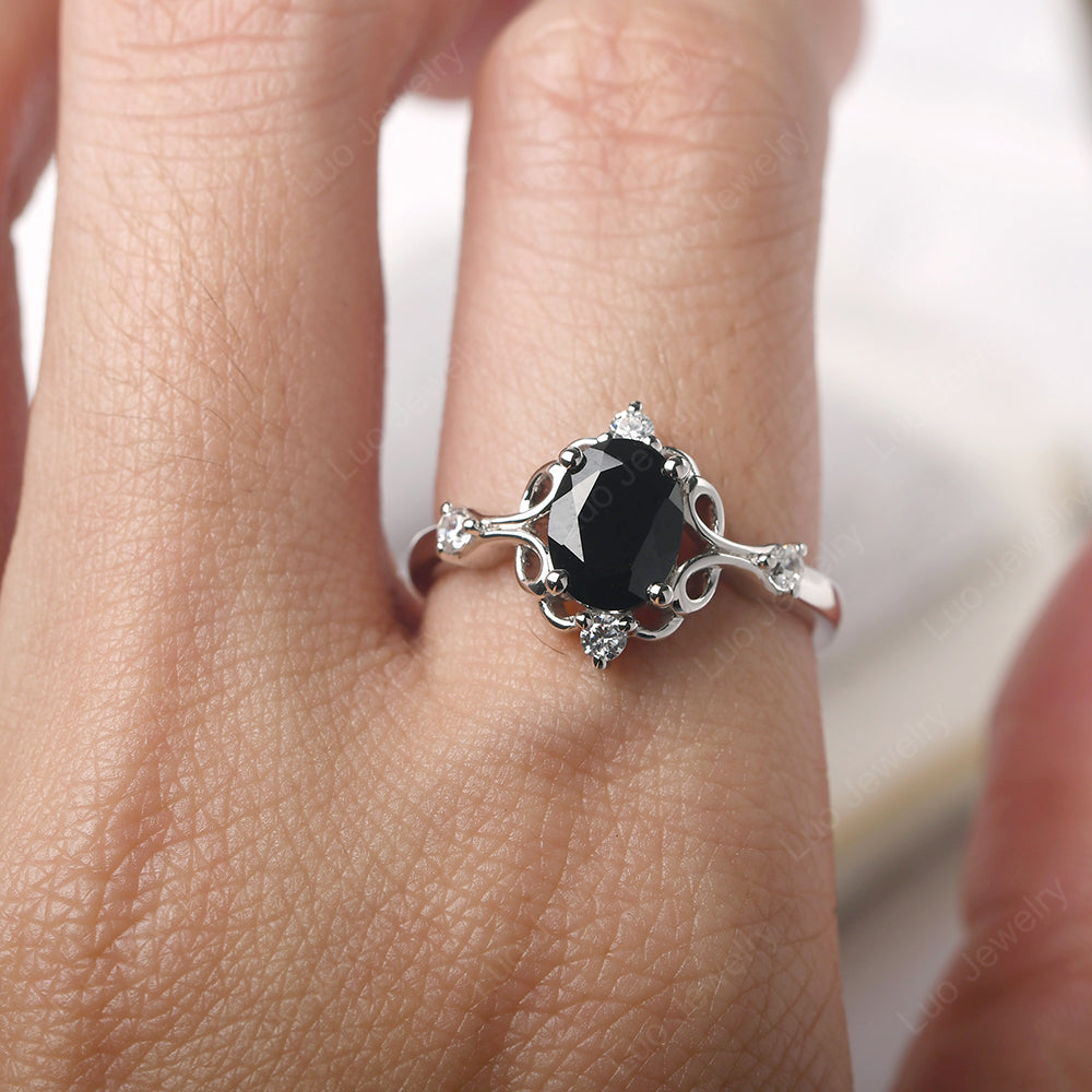 Black Spinel Ring Oval Vintage Engagement Ring - LUO Jewelry