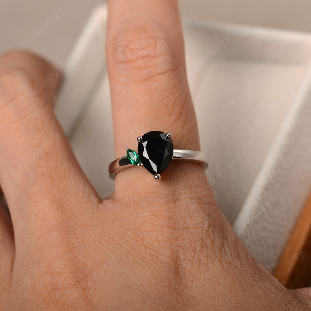 Unique Pear Shaped Black Spinel Wedding Ring - LUO Jewelry