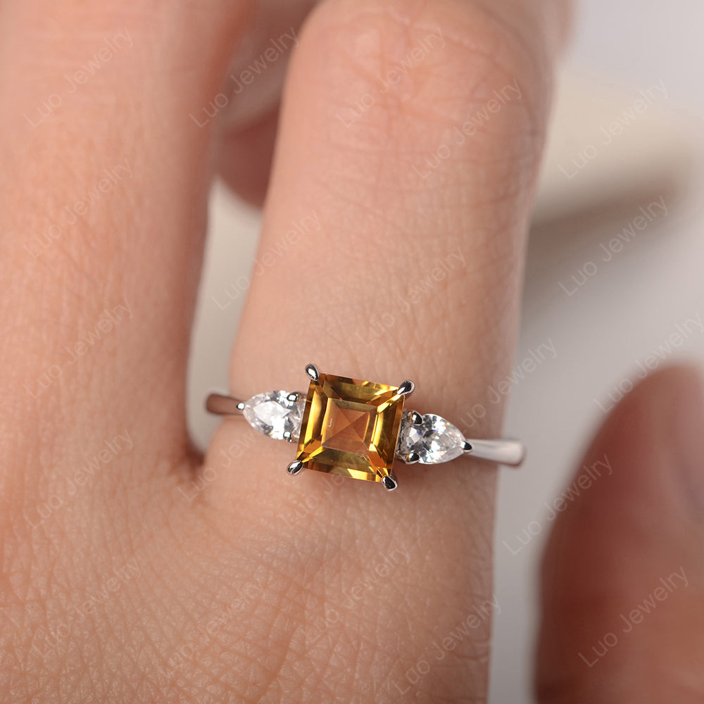 Square Cut Citrine Ring With Pear Side Stone - LUO Jewelry