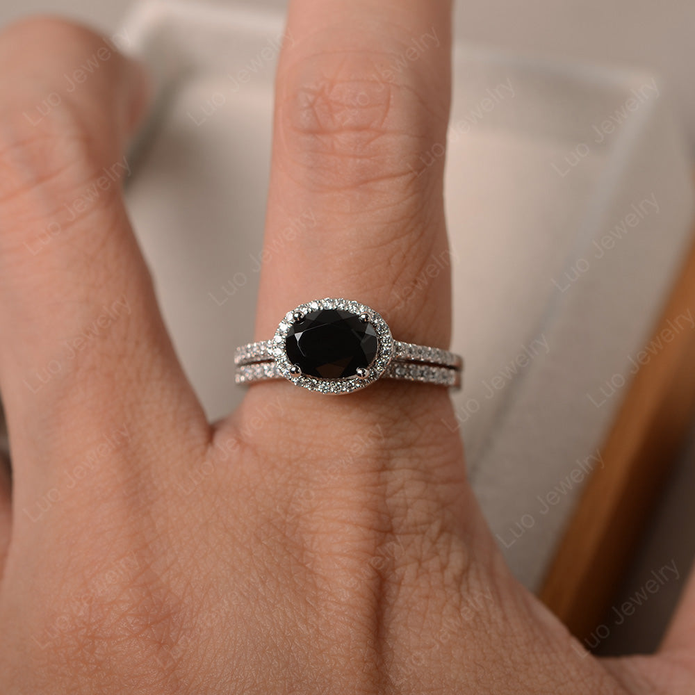 Oval Black Spinel Engagement Ring With Wedding Band - LUO Jewelry