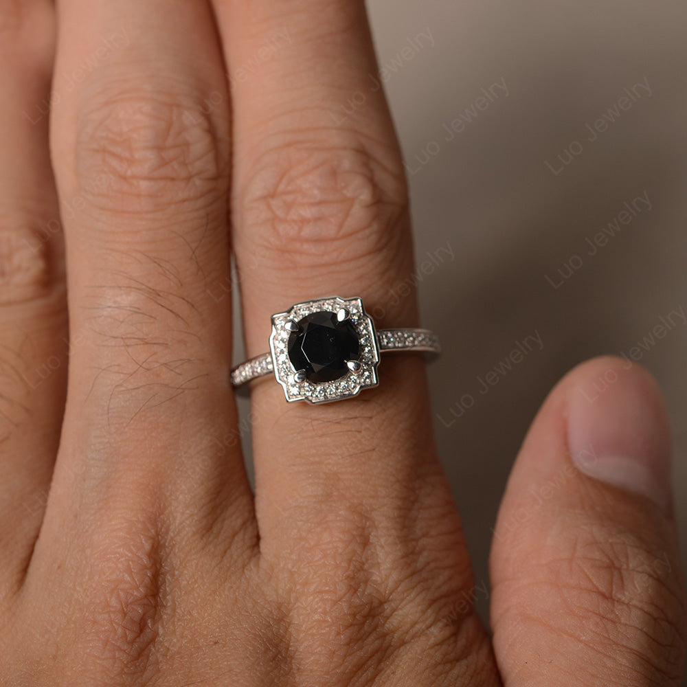 Round Cut Black Stone Halo Engagement Ring Gold - LUO Jewelry