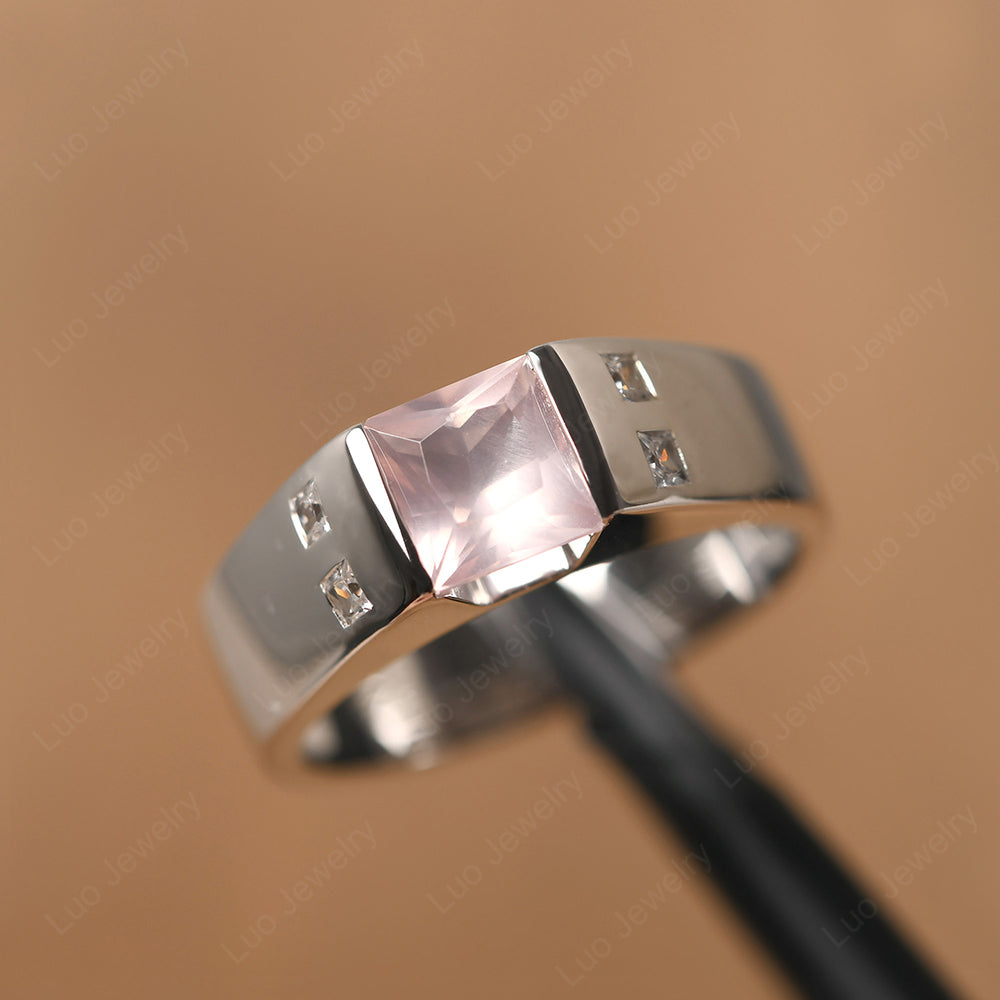 Princess Cut Rose Quartz Ring Wide Band - LUO Jewelry