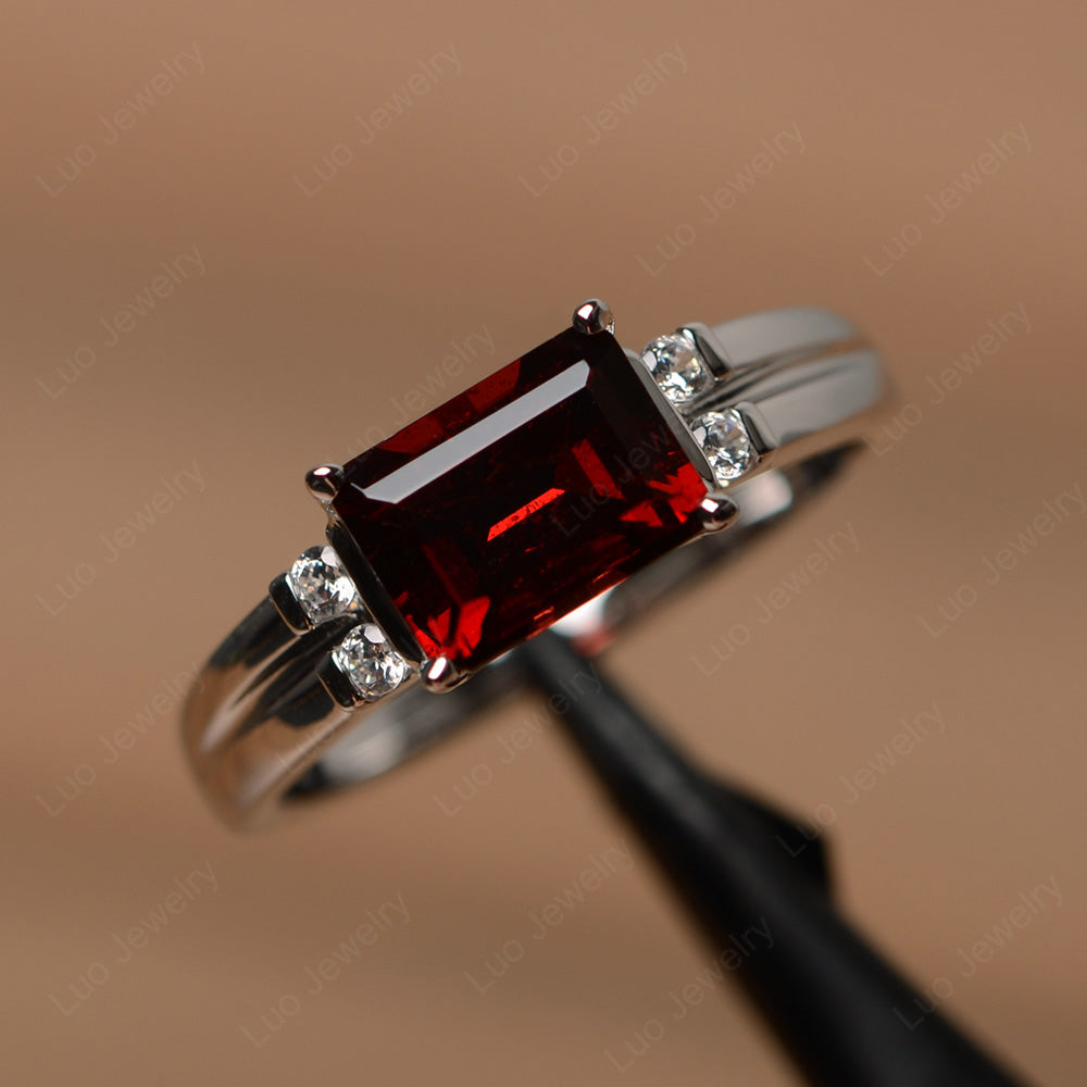 Emerald Cut East West Garnet Ring Silver - LUO Jewelry