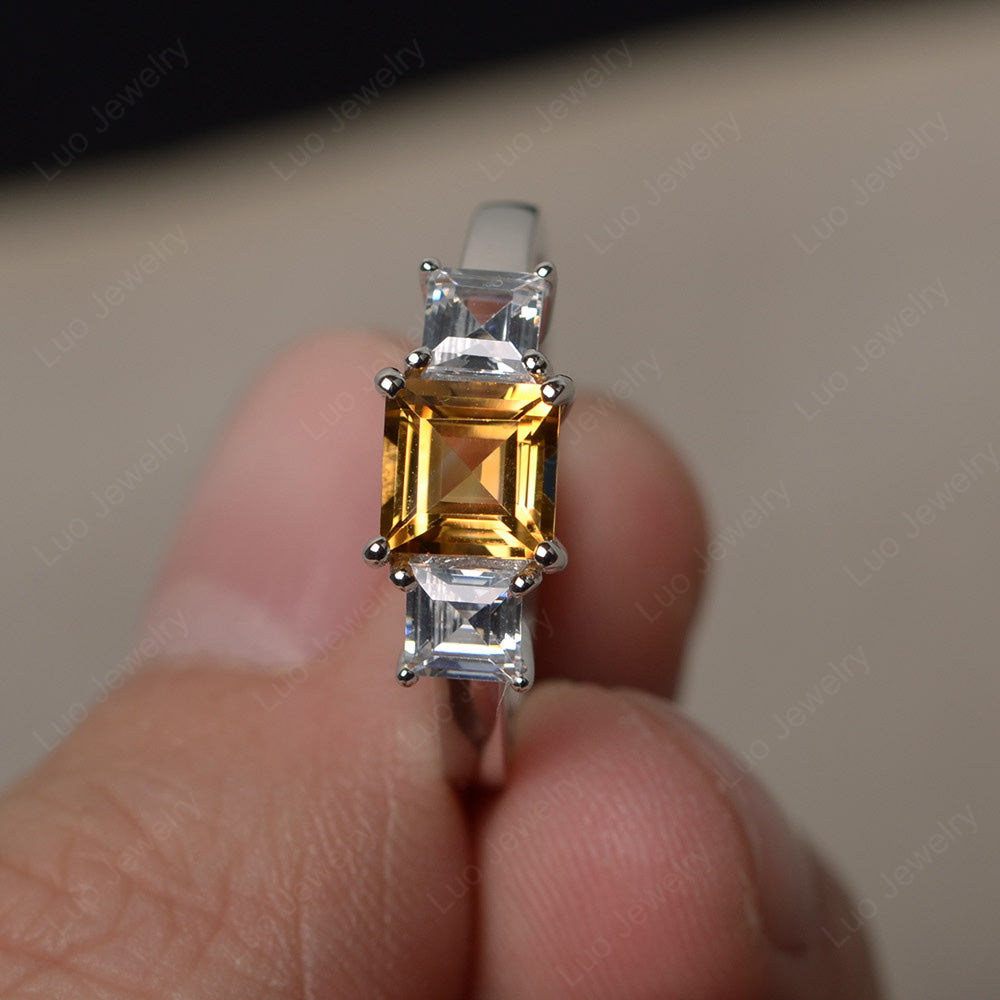 3 Stone Citrine Square Cut Citrine Ring Silver - LUO Jewelry
