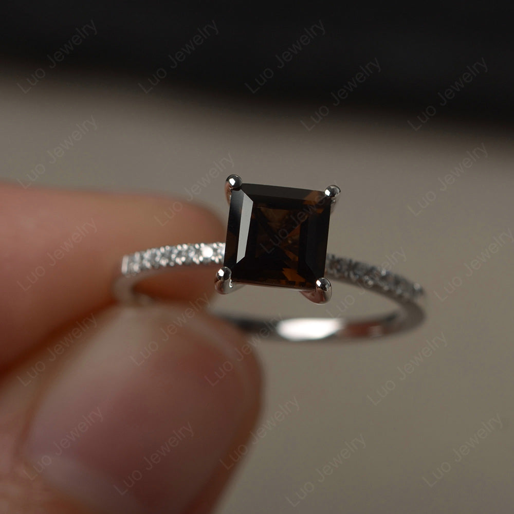 Square Cut Smoky Quartz  Ring With Thin Band - LUO Jewelry