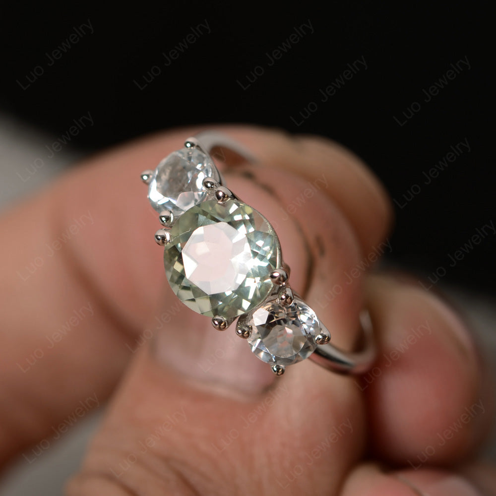 3 Stone Ring Green Amethyst Engagement Ring - LUO Jewelry