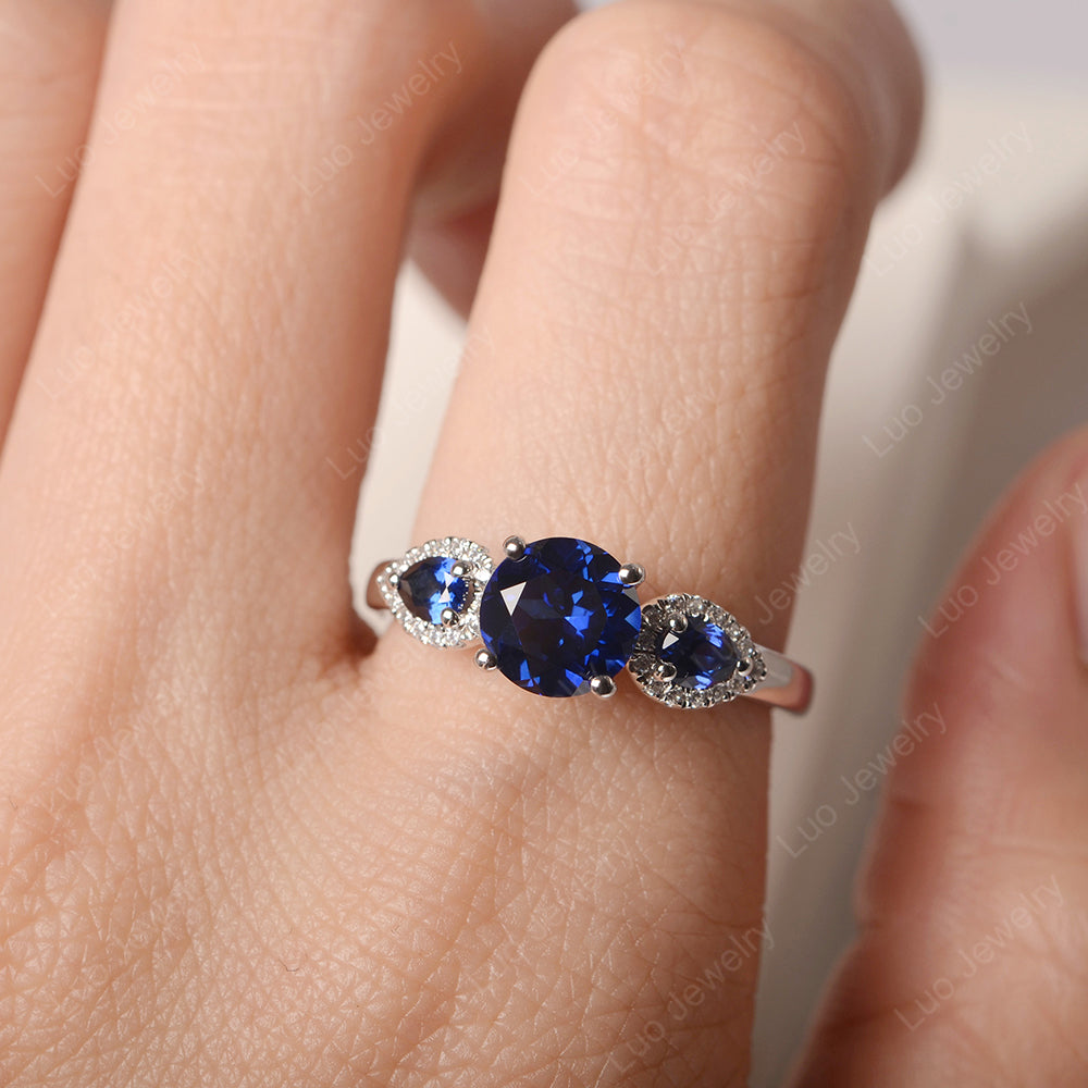 Lab Sapphire Euro Shank Ring With Pear Side Stones - LUO Jewelry