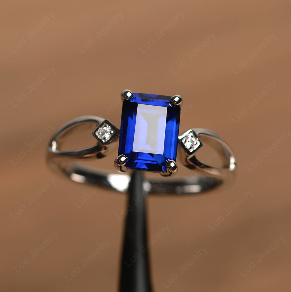Emerald Cut Lab Sapphire Ring Split Shank - LUO Jewelry