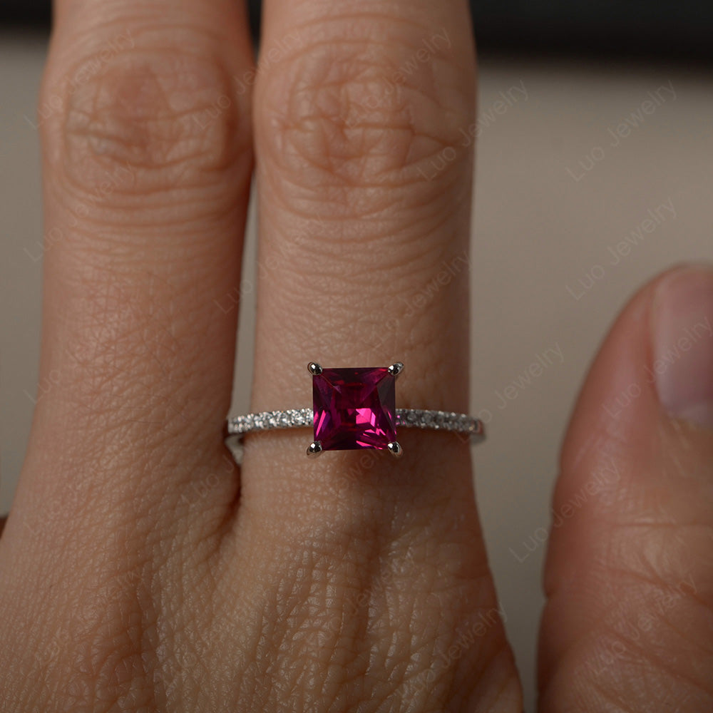 Princess Cut Ruby Ring With Thin Band - LUO Jewelry