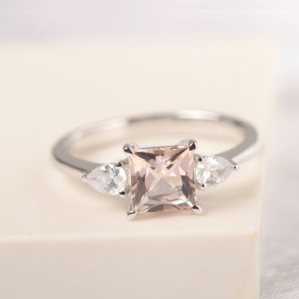 Princess Cut Morganite Ring With Pear Side Stone - LUO Jewelry