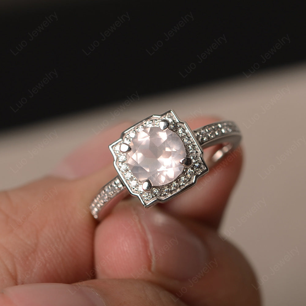 Round Cut Rose Quartz Halo Engagement Ring Gold - LUO Jewelry