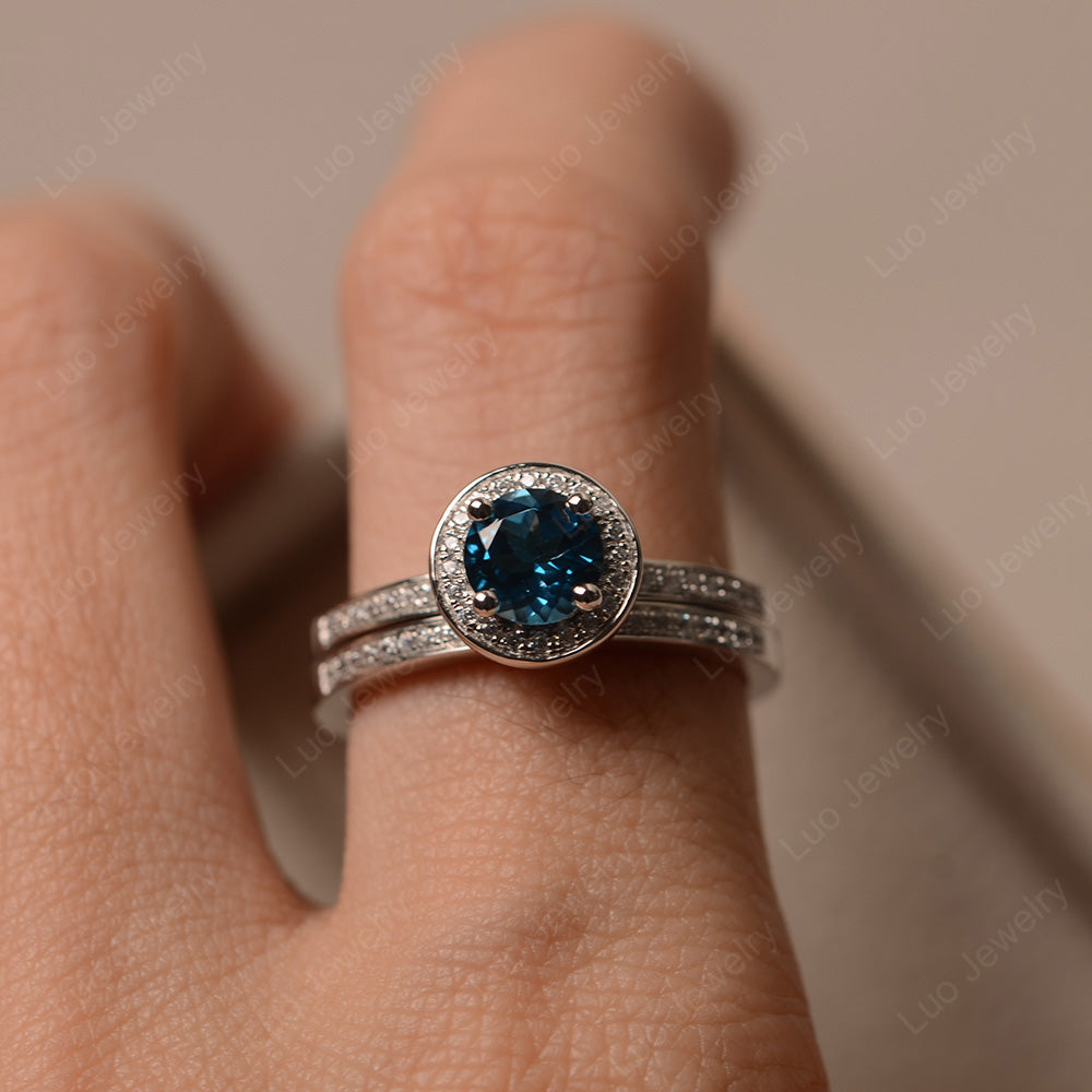 Round Cut London Blue Topaz Halo Bridal Set Ring - LUO Jewelry