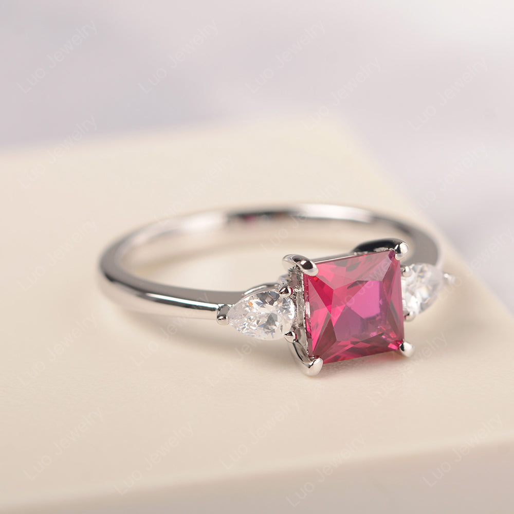 Princess Cut Ruby Ring With Pear Side Stone - LUO Jewelry