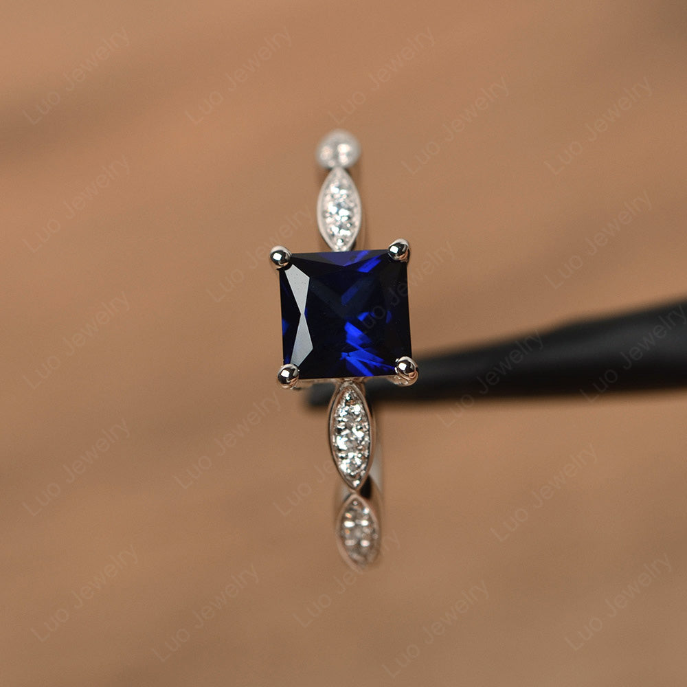 Princess Cut Lab Sapphire Ring White Gold - LUO Jewelry