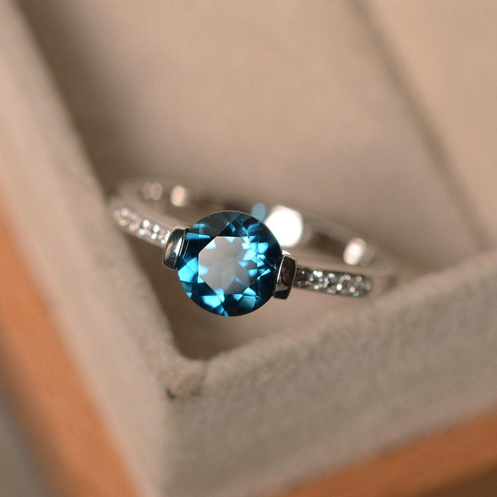 Round Brilliant Cut London Blue Topaz Ring White Gold - LUO Jewelry