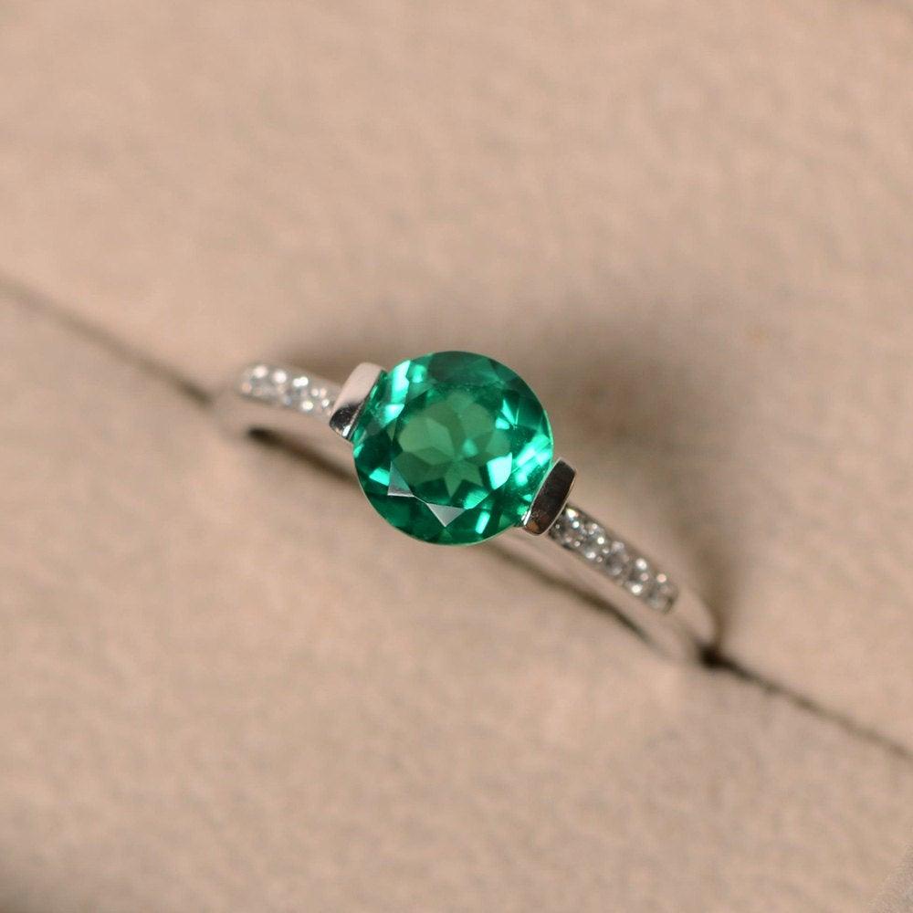 Round Brilliant Cut Lab Emerald Ring White Gold - LUO Jewelry