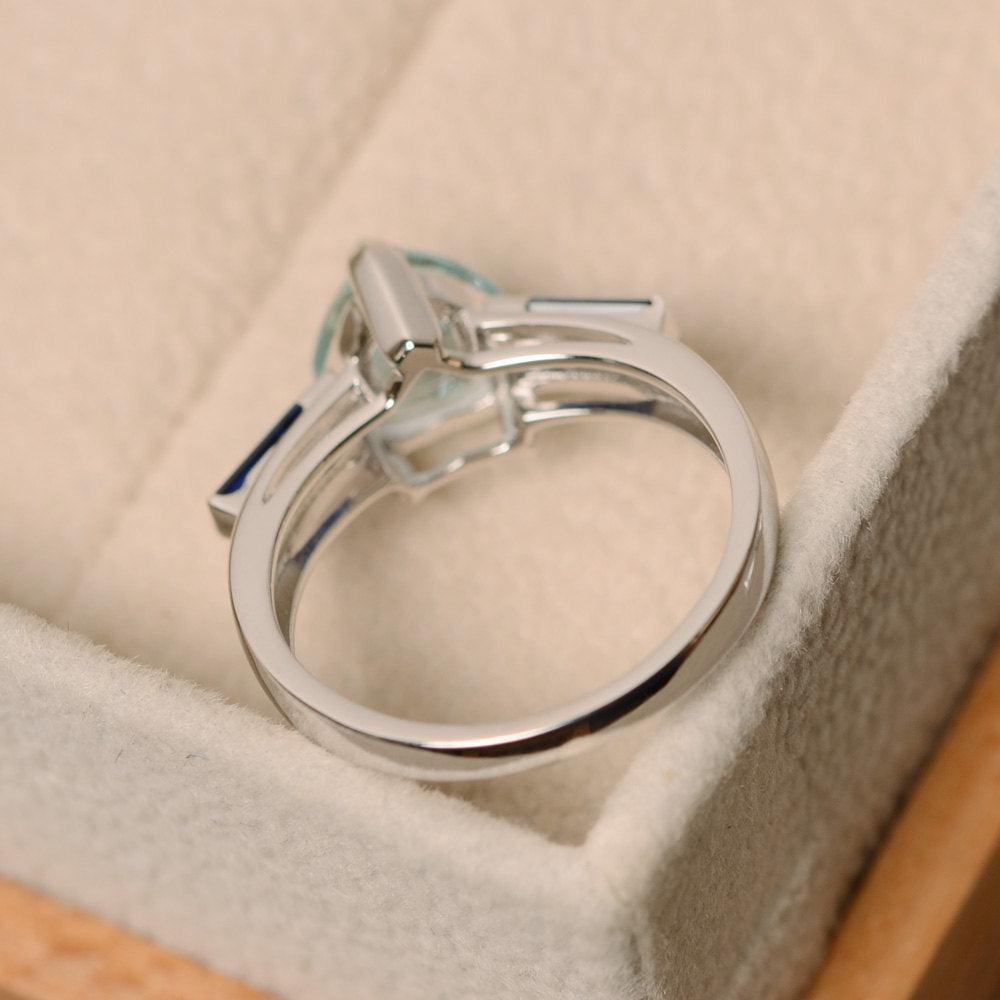 Heart Shaped Aquamarine Ring With Baguette - LUO Jewelry
