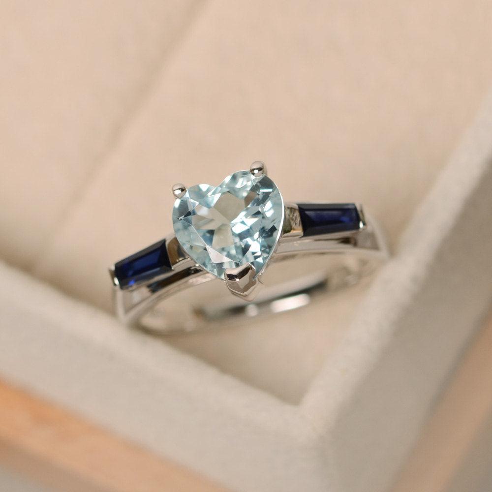 Heart Shaped Aquamarine Ring With Baguette - LUO Jewelry