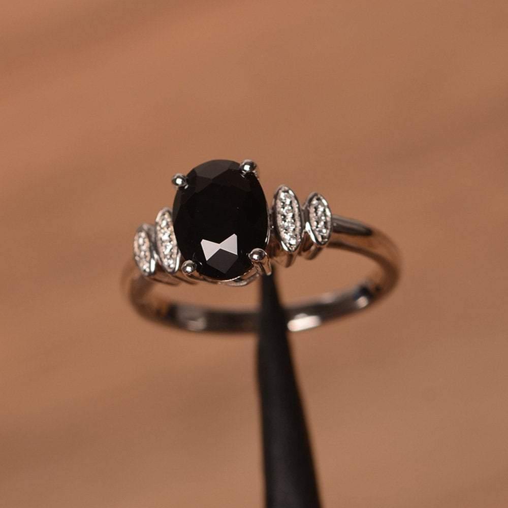 Oval Cut Black Stone Engagement Ring White Gold - LUO Jewelry