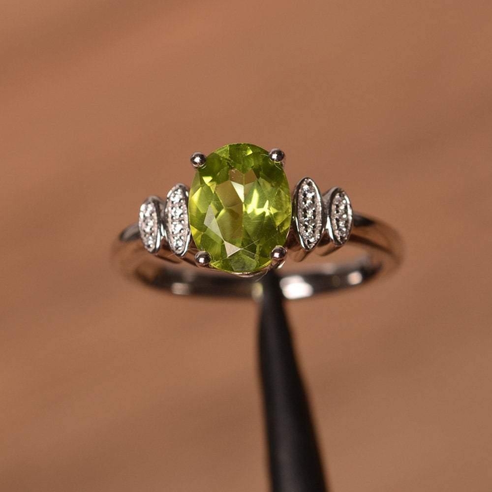 Oval Cut Peridot Engagement Ring White Gold - LUO Jewelry