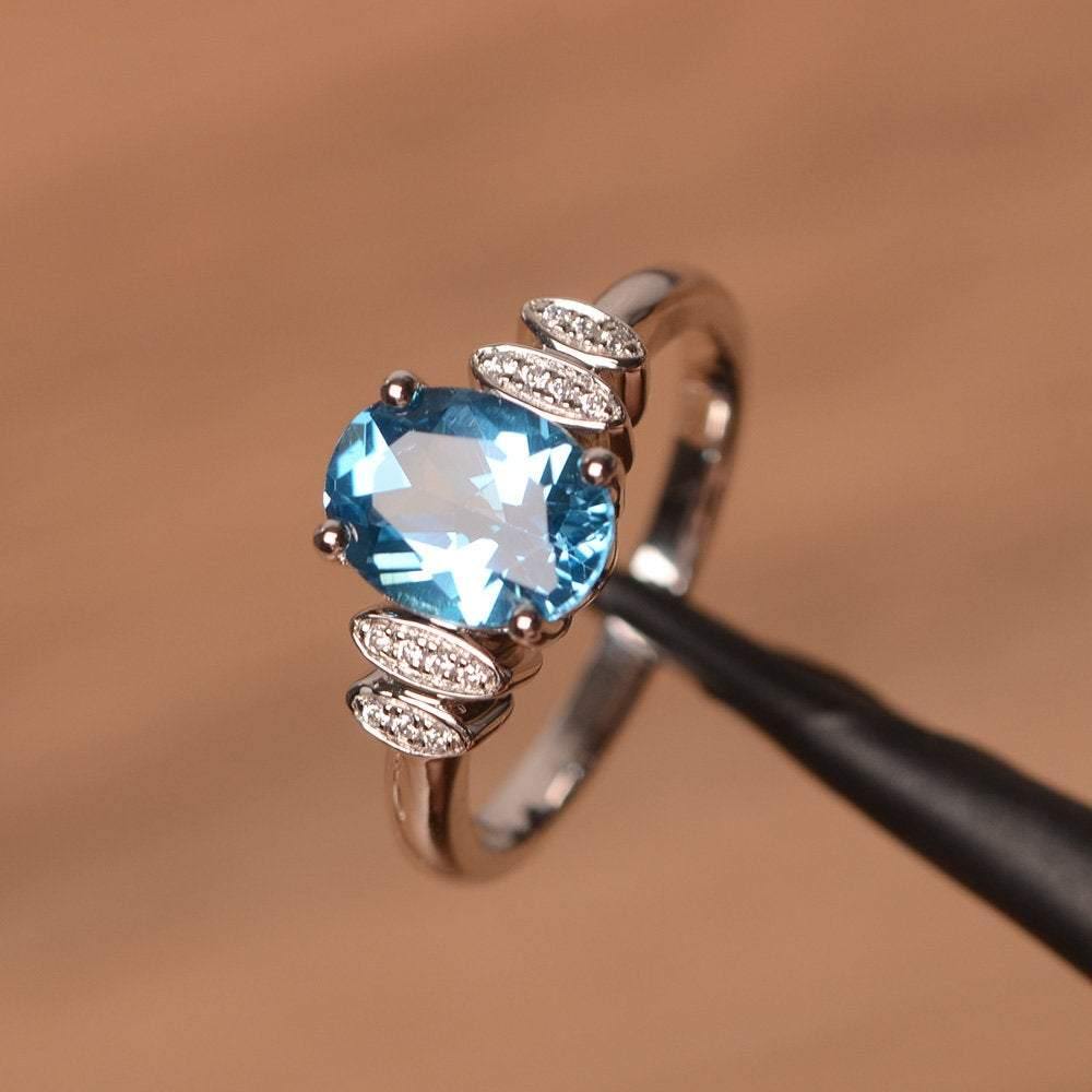 Oval Cut Swiss Blue Topaz Engagement Ring White Gold - LUO Jewelry
