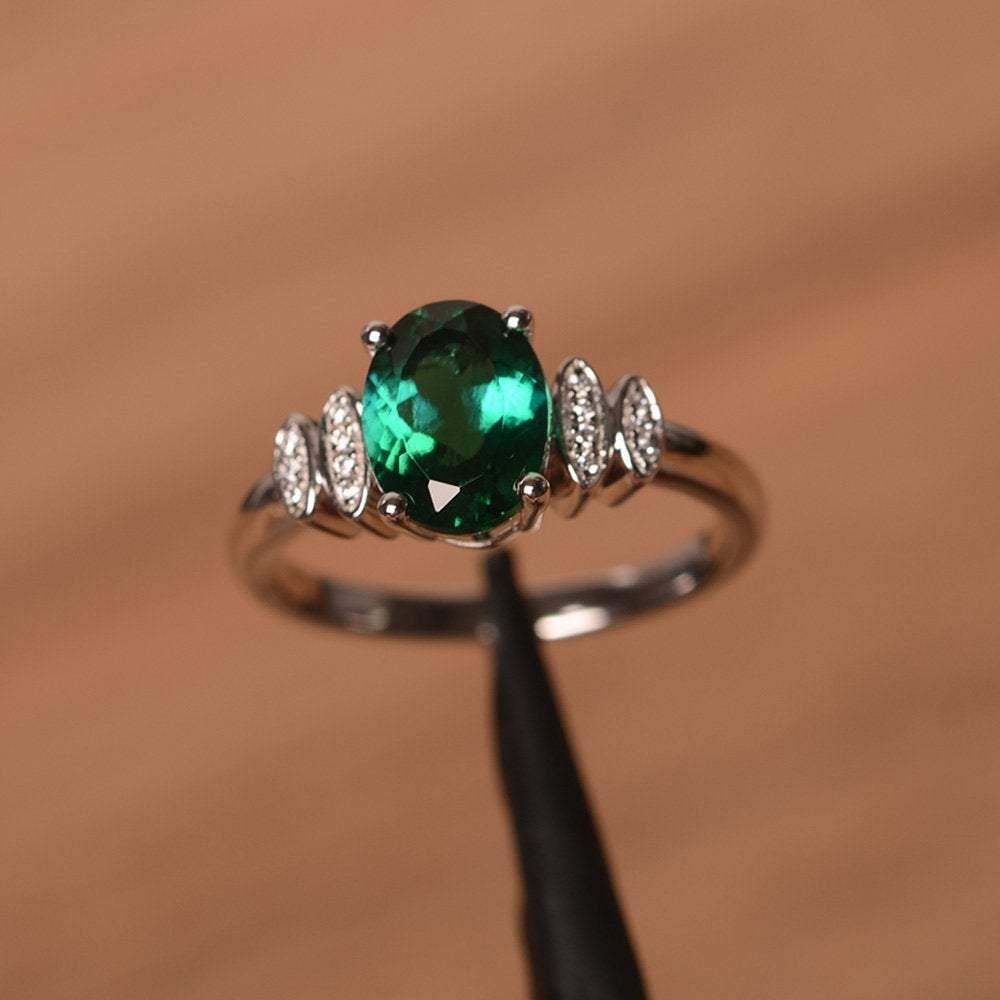 Oval Cut Lab Emerald Engagement Ring White Gold - LUO Jewelry