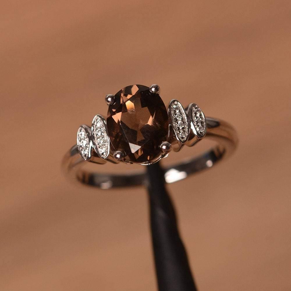 Oval Cut Smoky Quartz  Engagement Ring White Gold - LUO Jewelry