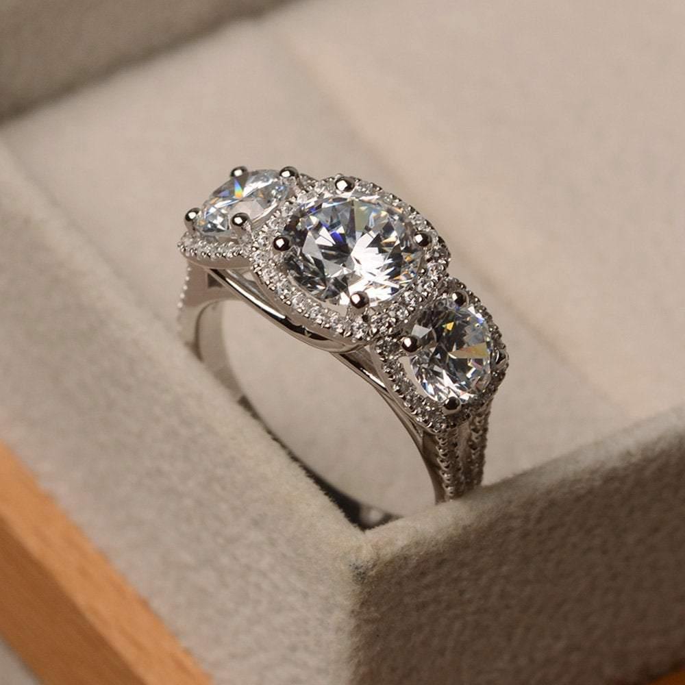 Cubic Zirconia Ring 3 Stone Halo Engagement Ring - LUO Jewelry