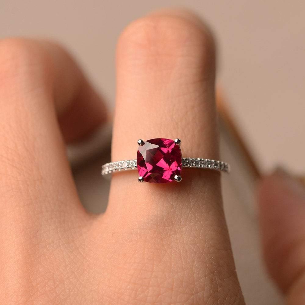 Ruby Wedding Ring Cushion Cut White Gold - LUO Jewelry