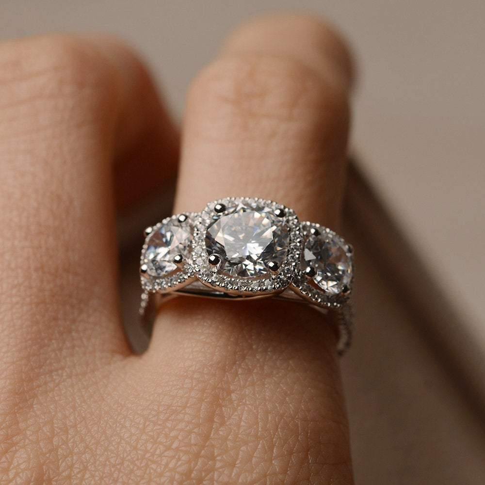 Cubic Zirconia Ring 3 Stone Halo Engagement Ring - LUO Jewelry