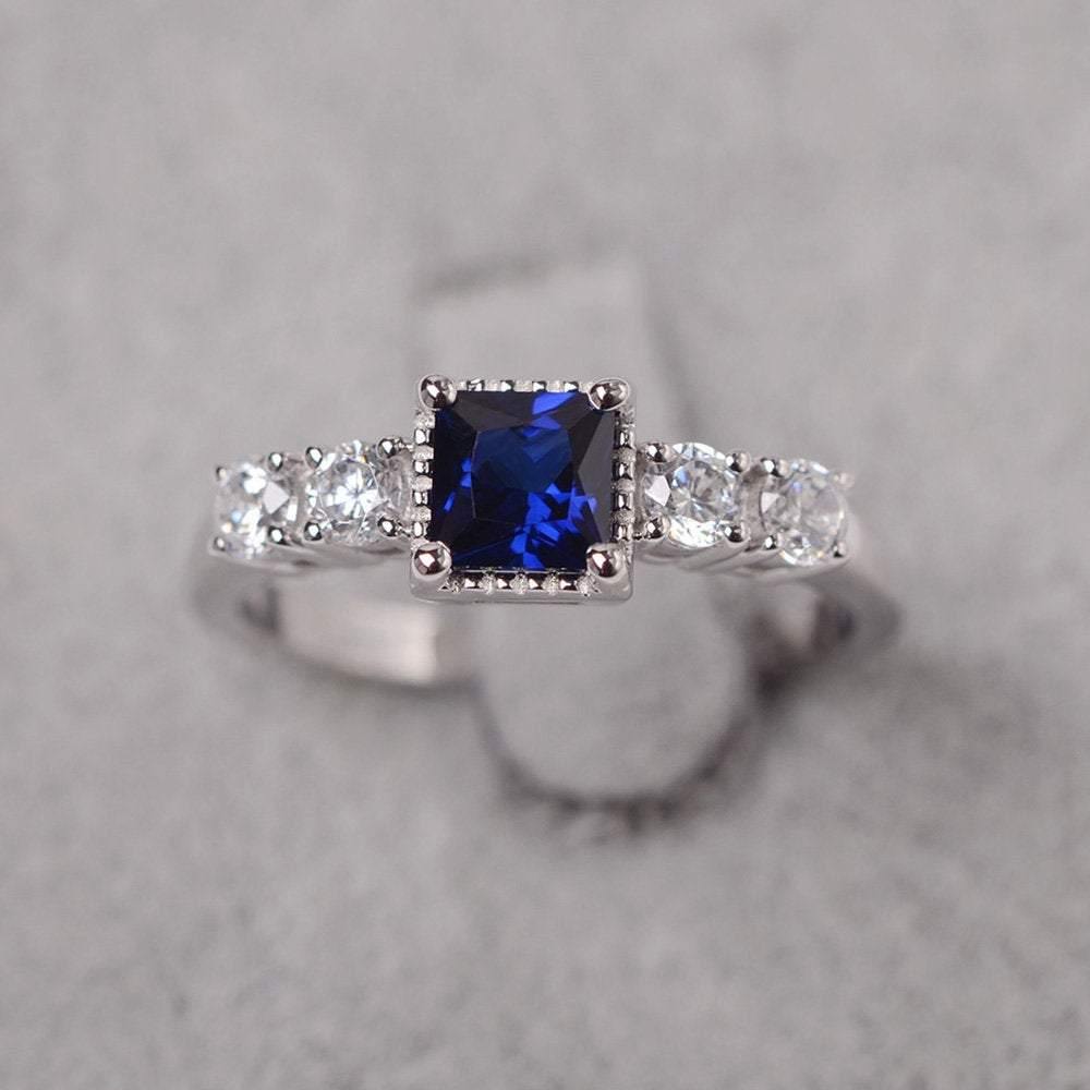 Vintage Princess Cut Lab Sapphire Engagement Ring - LUO Jewelry