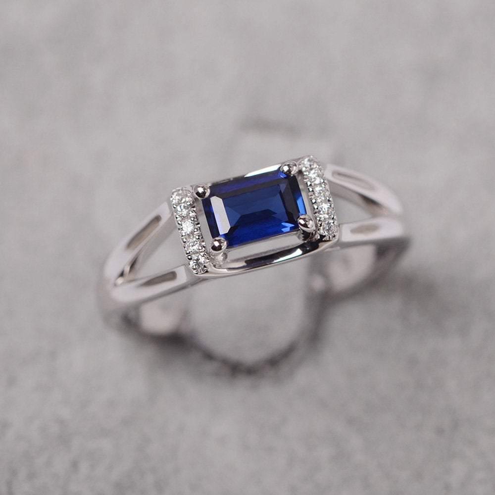Horizontal Emerald Cut Lab Sapphire Ring Gold - LUO Jewelry
