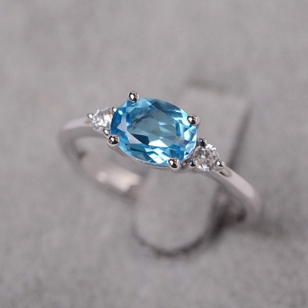 Oval Cut East West Swiss Blue Topaz Engagement Ring - LUO Jewelry