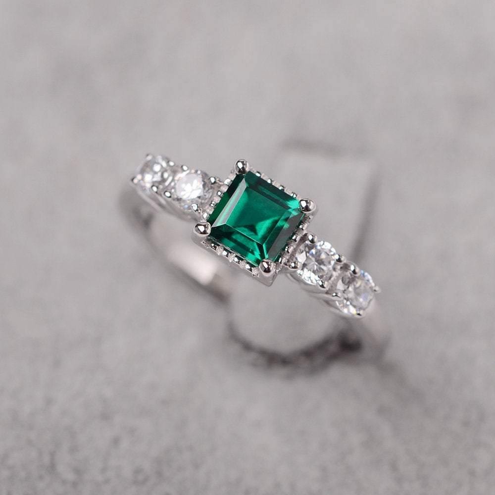 Vintage Square Cut Lab Emerald Engagement Ring - LUO Jewelry