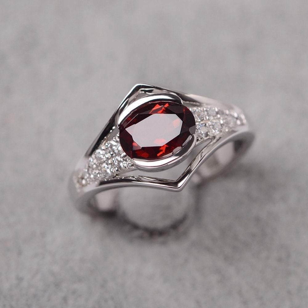 Oval Garnet Ring East West Bezel Set Ting - LUO Jewelry